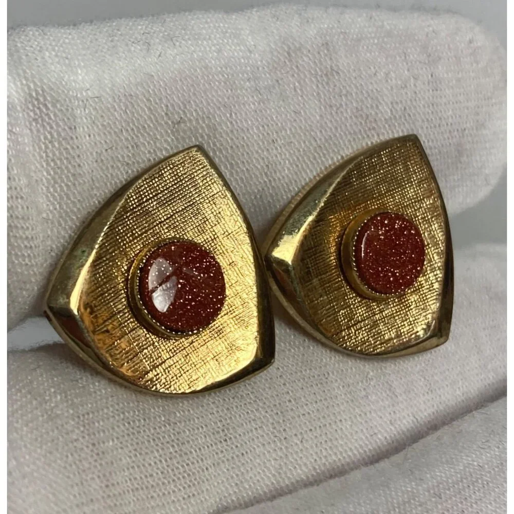 Vintage MCM Gold Tone Triangle Cufflinks Goldstone Sparkly Orange Stone